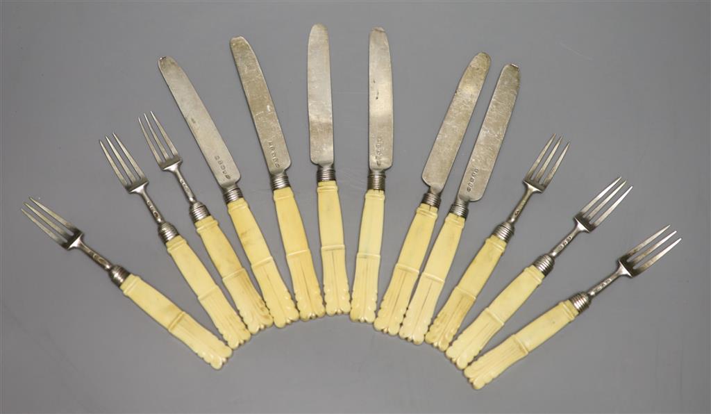 A set of six pairs of late George III ivory handled silver dessert eaters, Joseph Wilmore, Birmingham, 1819/1820,